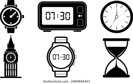 various representations of clocks and timekeeping devices: wristwatch, digital alarm clock, analog wall clock, Big Ben, digital wristwatch, hourglass