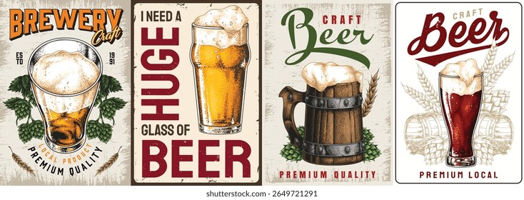 Various representations of craft beer are displayed highlighting brewery themes premium quality and the enjoyment of huge glasses of beer. Each design emphasizes unique features and styles.