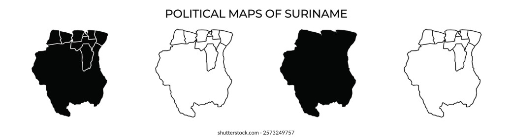 Various representations of political maps illustrate the regions of Suriname using contrasting black and white colors. Each map highlights distinct areas for geographical understanding.