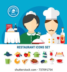 Various restaurant dishes staff and cutlery icons set flat isolated vector illustration