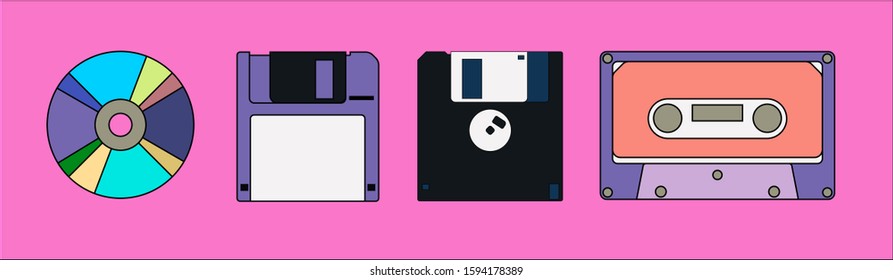 Various retro electronic storage devices: floppy disk or diskette, CD compact disc, Compact Cassette.
