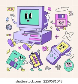 Verschiedene Zeichen für elektronische Speichergeräte im Retro-Modus werden gesetzt. Groove 90s Cartoon Stil Maskottchen von Diskette oder Diskette, Compact Cassette, PC, Vintage-Spiel Gadgets. Konturvektorgrafik.