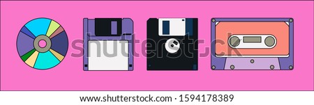 Various retro electronic storage devices: floppy disk or diskette, CD compact disc, Compact Cassette.