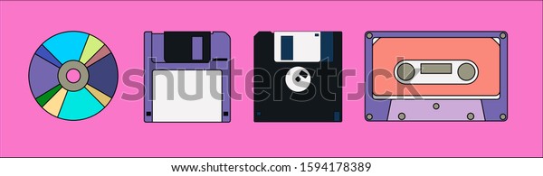 Various retro electronic\
storage devices: floppy disk or diskette, CD compact disc, Compact\
Cassette.