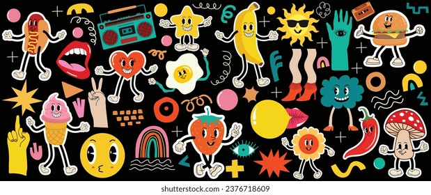 Various retro patches, stickers or stamps and pins with abstract funny cute comic characters. 
