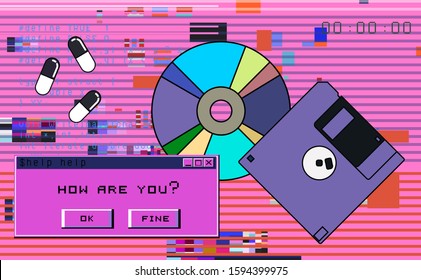 Various retro vintage electronic storage devices: floppy disk or diskette, CD Compact Disc, Compact Cassette. Vaporwave and retrowave style vector illustration.