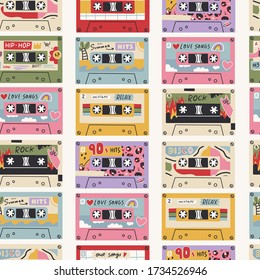 Various Retro Vintage tape Cassettes. Audio tapes. Different Mixtapes. Disco, Our songs, Hip- Hop, Summer hits, Rock, Love songs. Hand drawn colored Vector Seamless pattern. Background, wallpaper