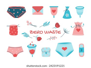 Various reusable feminine care products, eco-friendly women's menstrual cycle protection items. Set of hand drawn feminine menstrual hygiene icons. Isolated vector illustration