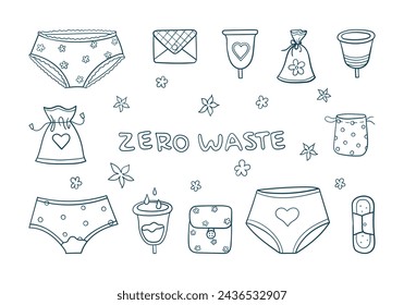 Various reusable feminine care products, eco-friendly women's menstrual cycle protection items in line sketch. Set of hand drawn feminine menstrual hygiene icons. Isolated outline vector illustration