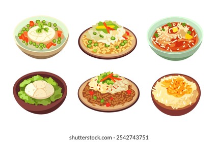 Various rice dishes on plates and bowls, collection food clip art vector, food set illustration