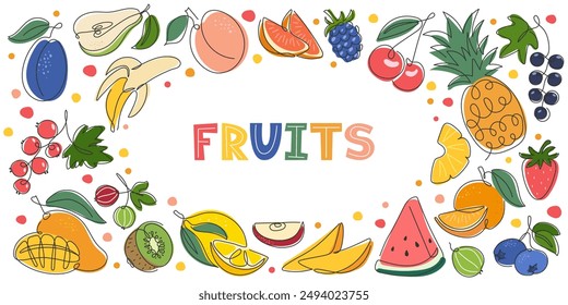 Varios marcos de fruta madura. Fondo de bayas de frutas tropicales y de jardín. Ilustración de estilo doodle de comida de verano. Plantilla colorida para embalaje, publicidad, menú. Saludable vegano Fresco conjunto de alimentación