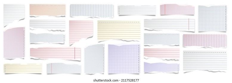 Various ripped paper strips isolated on white background. Realistic lined paper scraps with torn edges. Sticky notes, shreds of notebook pages. Vector illustration.