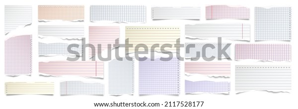 Various ripped paper strips\
isolated on white background. Realistic lined paper scraps with\
torn edges. Sticky notes, shreds of notebook pages. Vector\
illustration.