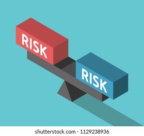 Various risks weighing on balance. Isometric scales with two blocks. Investment, decision and choice concept. Flat design. Vector illustration, no transparency, no gradients