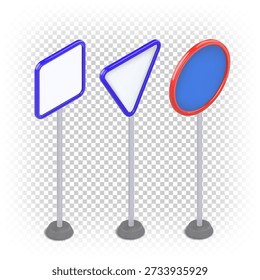 Various road signs in isometric projection. Square, triangular, and round empty sign on a stand.
