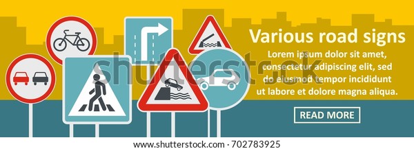 Various road sings banner horizontal concept. Flat\
illustration of various road sings banner horizontal vector concept\
for web