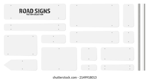 Various road, traffic signs. Highway signboard on a chrome metal pole. Blank white board with place for text. Directional signage and wayfinder. Information sign mockup. Vector illustration