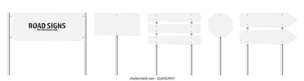 Various road, traffic signs. Highway signboard on a chrome metal pole. Blank white board with place for text. Directional signage and wayfinder. Information sign mockup. Vector illustration