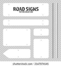 Verschiedene Straßen, Verkehrszeichen. Straßenschilder auf einem Stollen aus Chrom. Leere weiße Tafel mit Platz für Text. Wegweiser und Wegweiser. Die Information wird angezeigt. Vektorgrafik