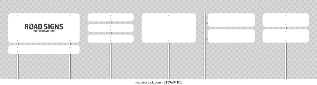 Various road, traffic signs. Highway signboard on a chrome metal pole. Blank white board with place for text. Directional signage and wayfinder. Information sign mockup. Vector illustration