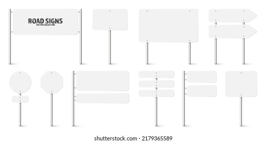 Various road, traffic signs. Highway signboard on a chrome metal pole. Blank white board with place for text. Directional signage and wayfinder. Information sign mockup. Vector illustration