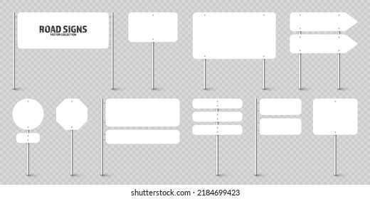 Various road, traffic signs. Highway signboard on a chrome metal pole. Blank white board with place for text. Directional signage and wayfinder. Information sign mockup. Vector illustration