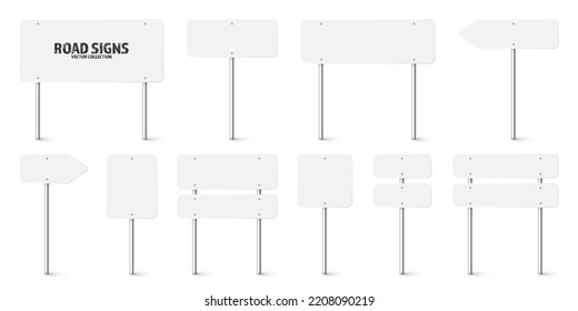 Various road, traffic signs. Highway signboard on a chrome metal pole. Blank white board with place for text. Directional signage and wayfinder. Information sign mockup. Vector illustration