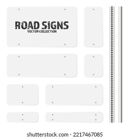 Various road, traffic signs. Highway signboard on a chrome metal pole. Blank white board with place for text. Directional signage and wayfinder. Information sign mockup. Vector illustration