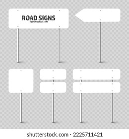 Various road, traffic signs. Highway signboard on a chrome metal pole. Blank white board with place for text. Directional signage and wayfinder. Information sign mockup. Vector illustration