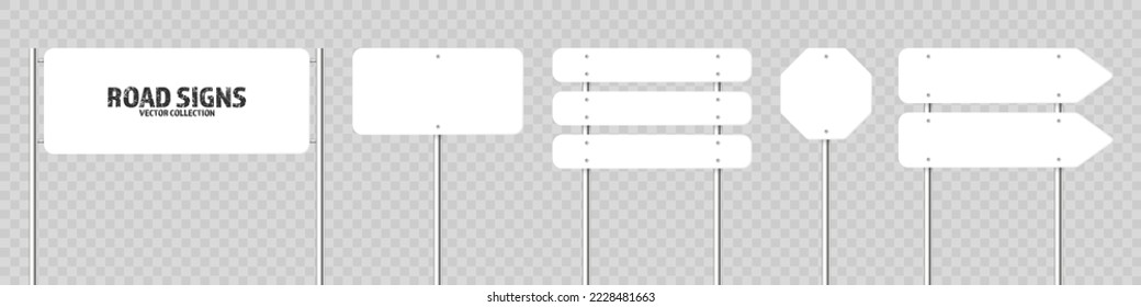 Various road, traffic signs. Highway signboard on a chrome metal pole. Blank white board with place for text. Directional signage and wayfinder. Information sign mockup. Vector illustration