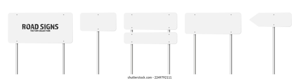 Various road, traffic signs. Highway signboard on a chrome metal pole. Blank white board with place for text. Directional signage and wayfinder. Information sign mockup. Vector illustration