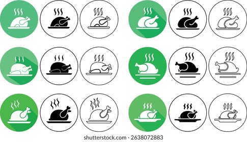 Various roasted chicken icons set within green and white circular frames restaurant food graphics