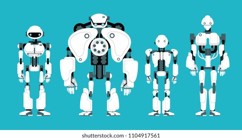 Various robot androids. Cute cartoon futuristic humanoid characters set. Android friendly character, robotic technology vector illustration