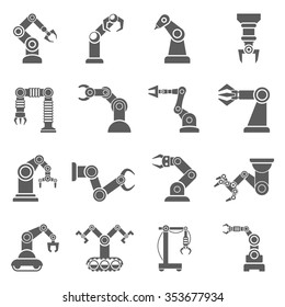 Various robotic arms to manipulate objects at a distance black  icons collection abstract isolated vector illustration 