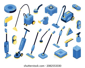 Various robotic and manual cleaning gadgets isometric set with modern vacuum cleaners mops brushes spray bottle isolated 3d vector illustration