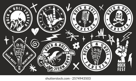 Various rock and roll themed designs are displayed against a black background. The designs feature guitars microphones hands making gestures and text emphasizing a love for rock music.