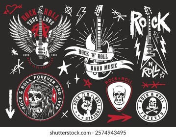 Various rock and roll themed graphics showcase guitars skulls and wings highlighting elements of music culture. The designs reflect a bold and vibrant aesthetic associated with rock lifestyle.