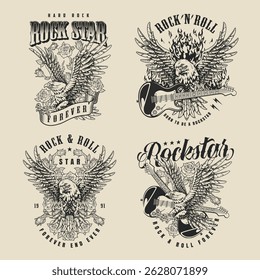Various rock star designs showcase guitars eagles and roses. The artwork embodies themes of hard rock and rock and roll celebrating music culture and artistry.