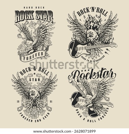 Various rock star designs showcase guitars eagles and roses. The artwork embodies themes of hard rock and rock and roll celebrating music culture and artistry.