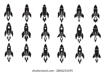 Various rocket ship icons depicting launch sequences and diverse spacecraft shapes isolated on white background flat vector.