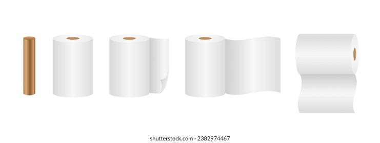 Various rolls of empty toilet papers. Vector set of illustrations of paper roll for bath and kitchen towel. Soft absorbent towels vector set. Realistic paper toilet in roll. Vector illustration