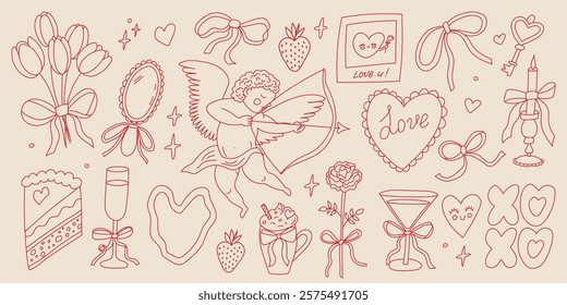 Various romantic doodles featuring a cherub, hearts, and love-themed elements on a soft background