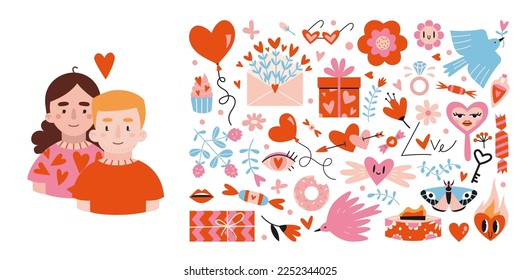 Various romantic objects and loving couple, cartoon style. Valentine's Day concept. Trendy vector illustration isolated on white, hand drawn, flat 