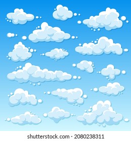 Various round clouds with shadow on blue gradient background. Summer sky panorama. Simple cartoon cloud. Flat design. Vector illustration.