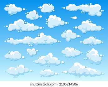 Various round clouds with shadow on blue gradient background. Summer sky panorama. Simple cartoon cloud. Flat design. Vector illustration.