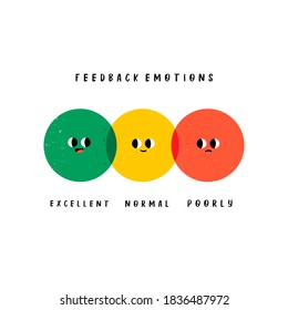 Various round Feedback emotions. Circles with faces. Different colors. Hand drawn trendy Vector illustration. Colorful Cute funny characters.