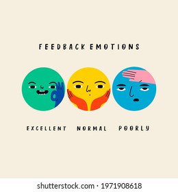 Various round Feedback emotions. Circles with faces. Different colors. Hand drawn trendy Vector illustration. Colorful Cute funny characters. Excellent, normal, poorly. Poster or sticker template