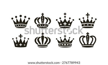 Various royal crown icons, isolated on white, signifying wealth, monarchy, and regal elegance.