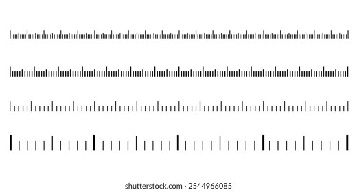 Vários designs de escala de régua com marcações métricas. Ferramentas de medição e precisão para projeto e desenho.