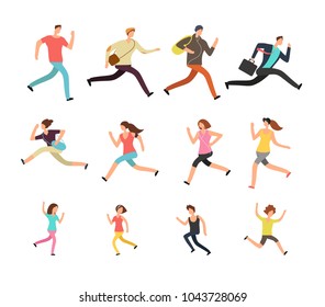 Various running people. Hurrying active male, female and kids vector set. Man and woman run, sport jogging exercise, athlete people training illustration